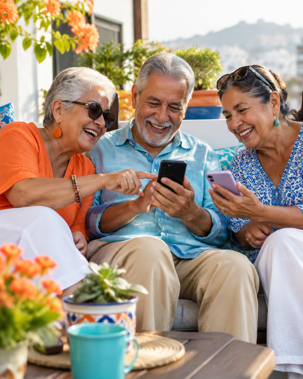 Personas mayores activas y felices compartiendo usando sus teléfonos